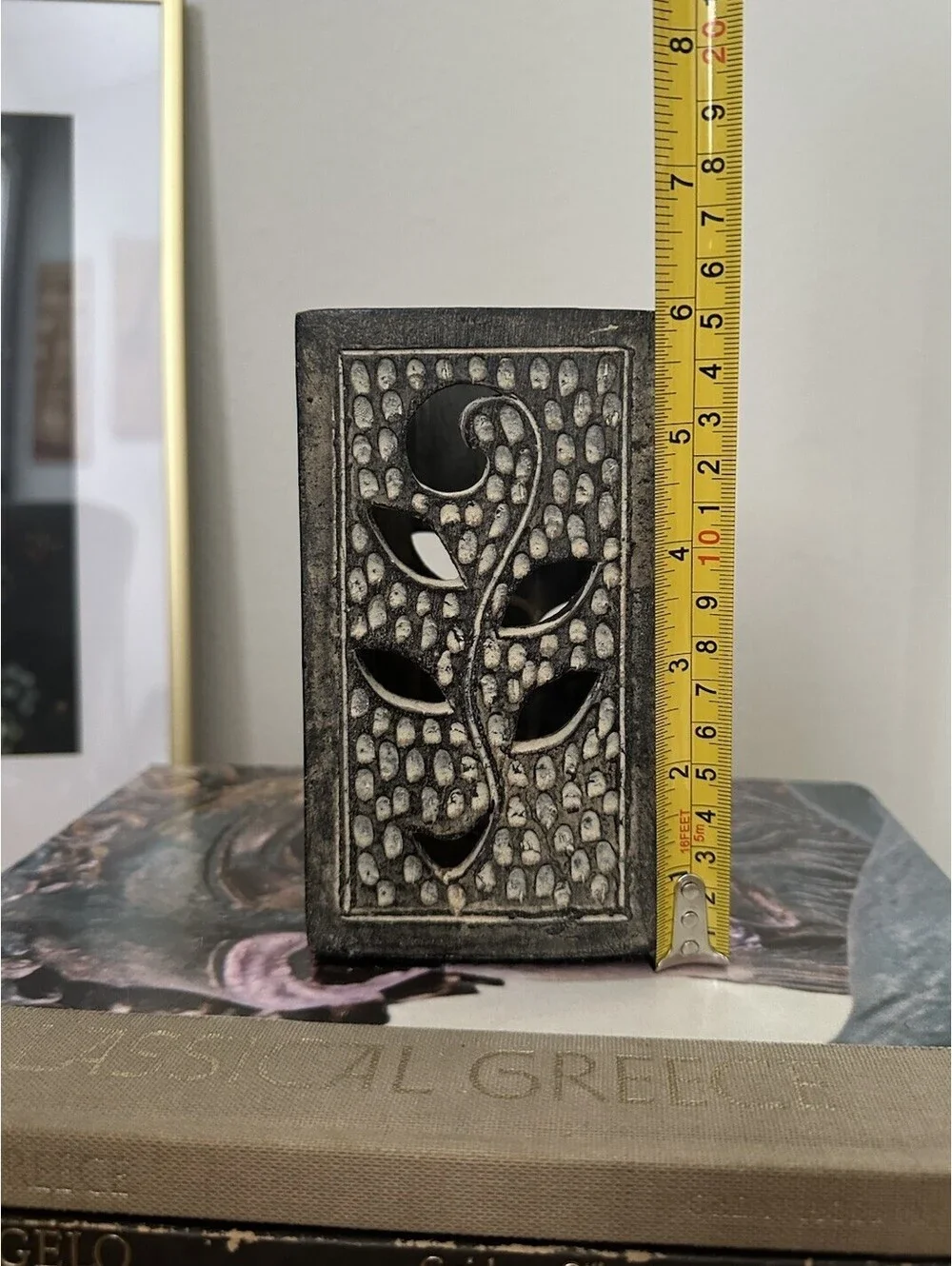 Pier 1 Candle Holder Gray Square Leaf Carved Soapstone 5.75